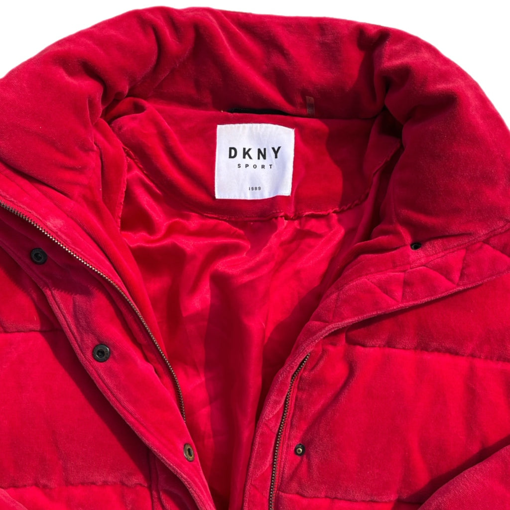 DKNY SPORTS Red Velour Puffer Coat Spell Out