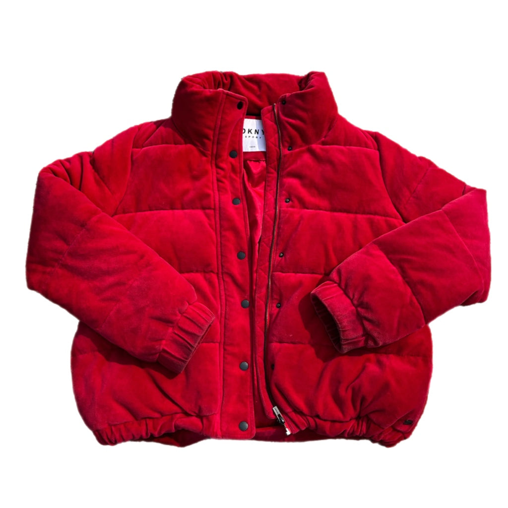 DKNY SPORTS Red Velour Puffer Coat Spell Out