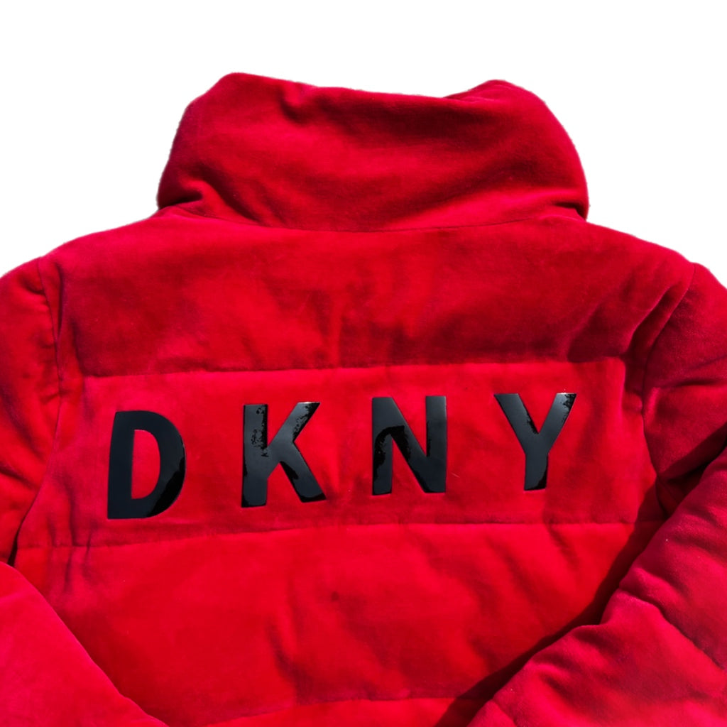 DKNY SPORTS Red Velour Puffer Coat Spell Out
