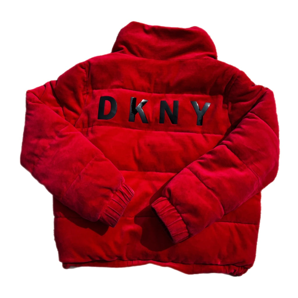 DKNY SPORTS Red Velour Puffer Coat Spell Out